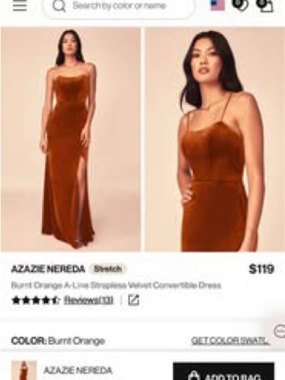Azazie Burnt Orange Strapless Velvet Gown